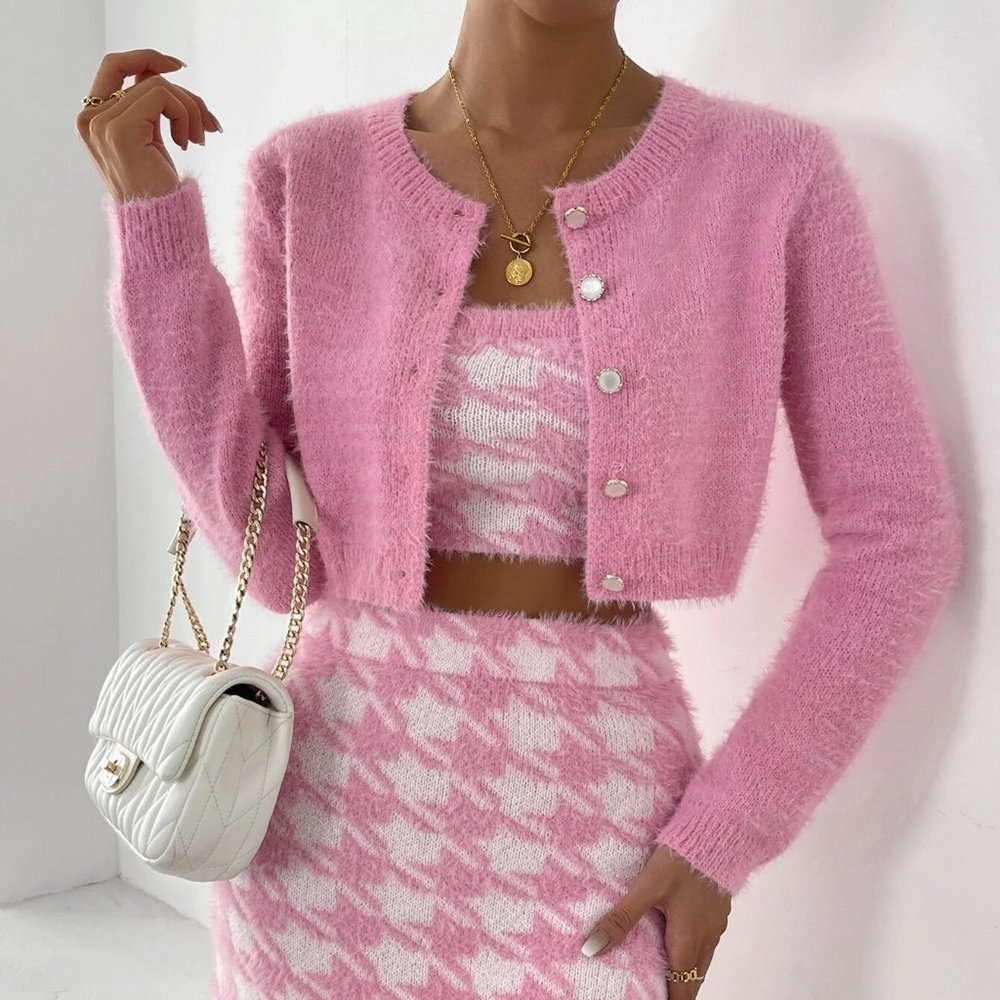 Pink Preppy Womens Houndstooth Tube Knit Top & Bodycon Knit Skirt & Cardigan - Picture 3 of 5